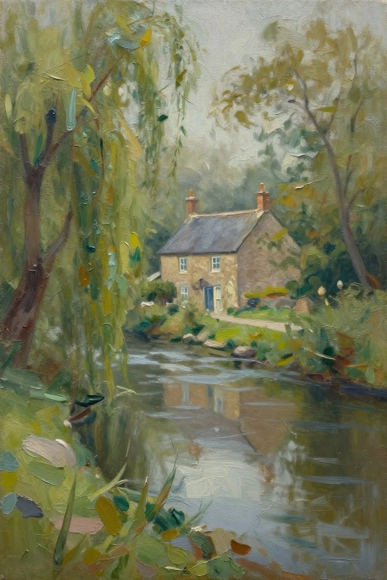 Impressionistic oil painting of stone cottage reflected in river amid lush trees