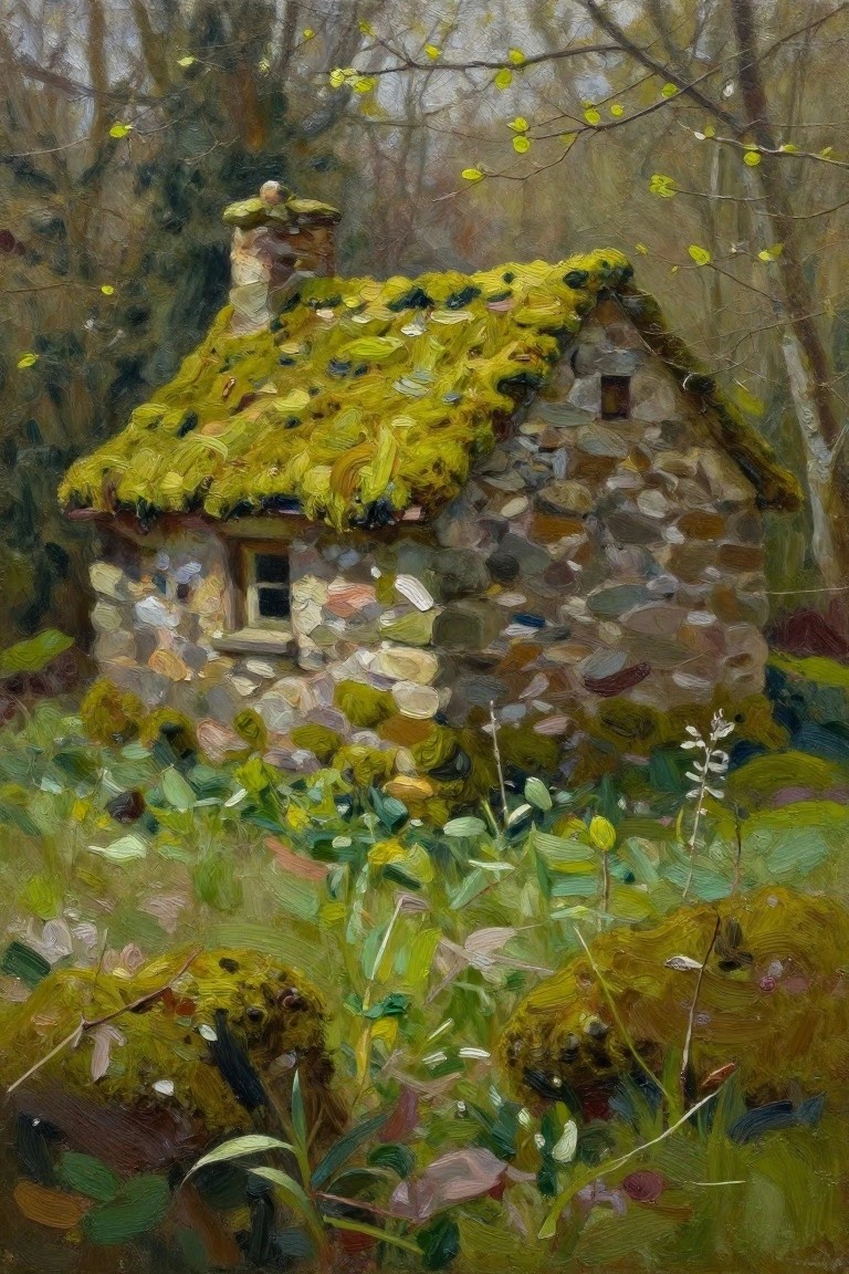 Stone cottage with mossy green roof amid lush forest foliage and trees