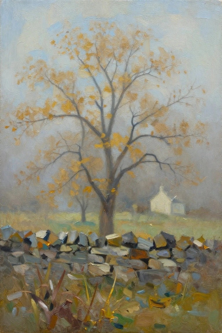Autumn tree with golden leaves behind a stone wall in misty field.