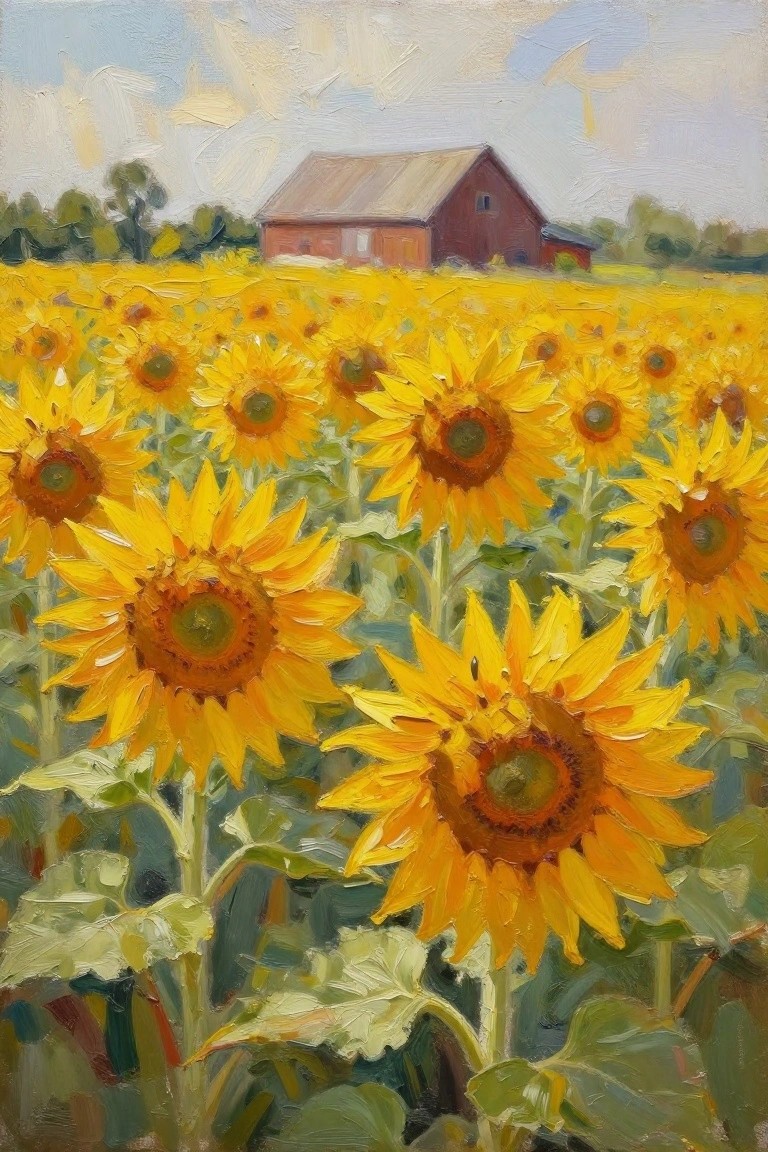 Yellow sunflowers blooming before a red barn under a blue sky