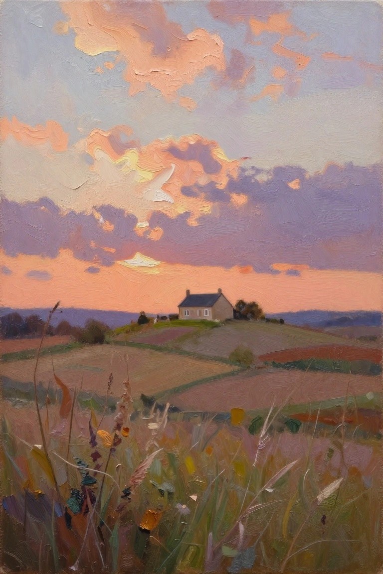 Impressionistic oil painting of lone house on hill under vibrant sunset sky with wildflower meadow