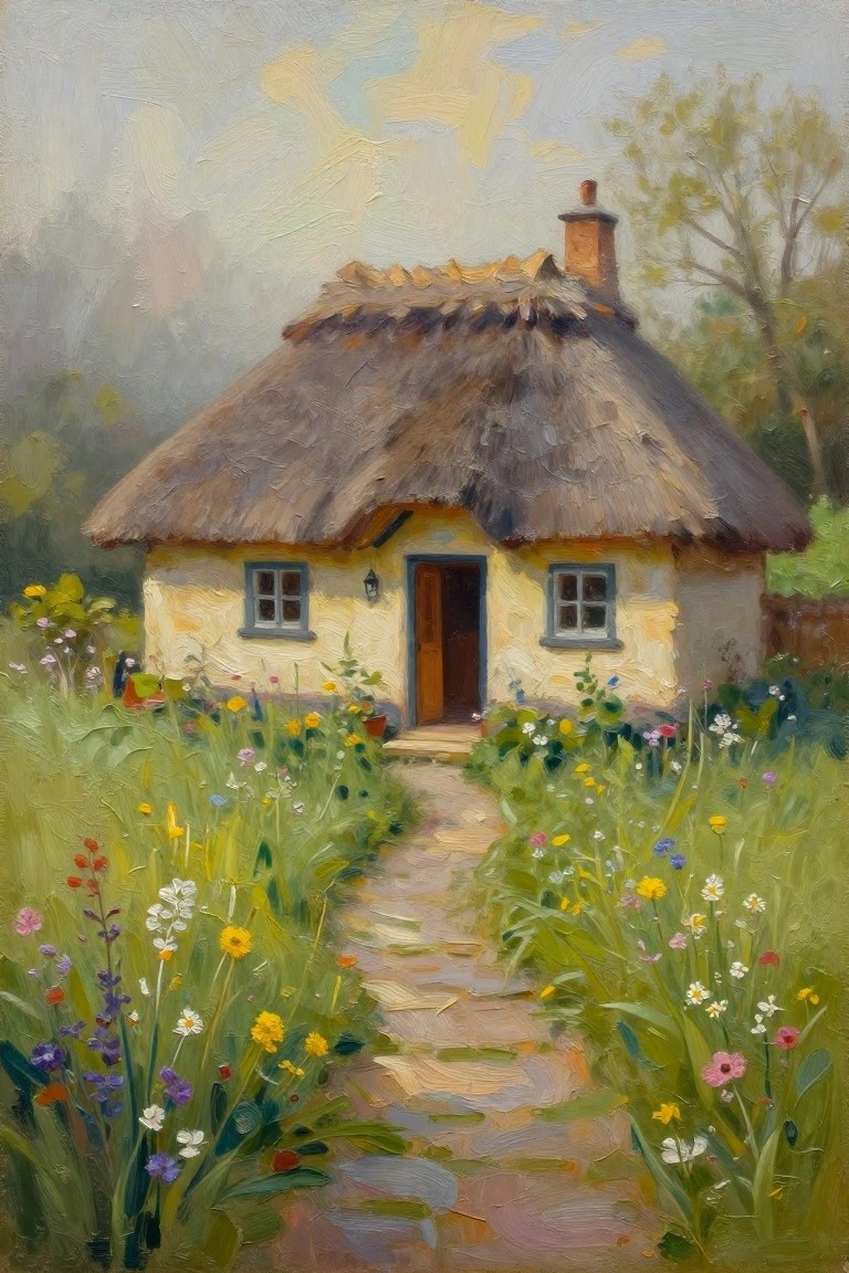Thatched cottage with chimney and stone path through vibrant wildflowers