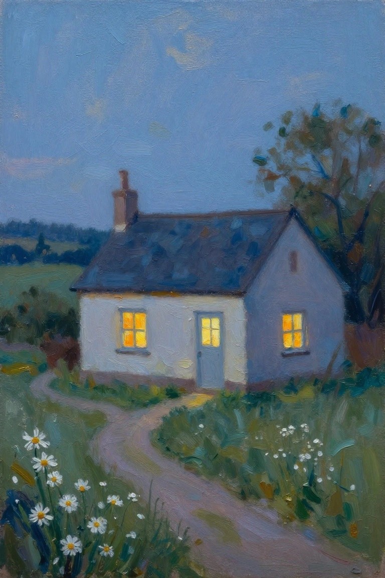 Oil painting of white cottage with glowing windows along daisy-lined path at twilight.