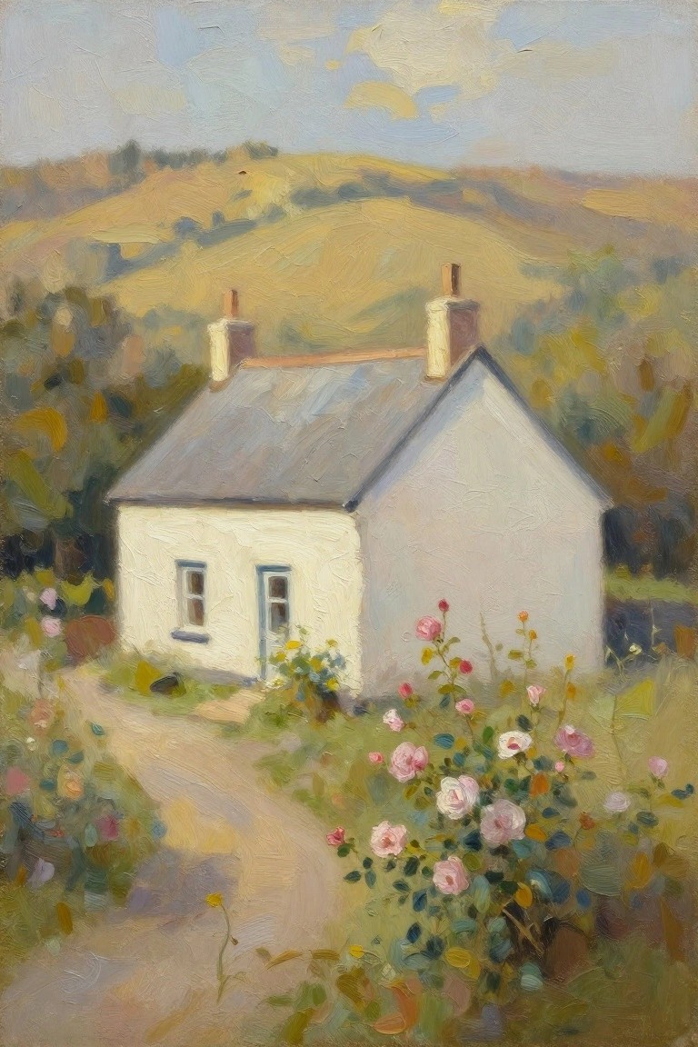 A white cottage with two chimneys and a blue door sits beside a dirt path lined with pink roses, with rolling hills visible in the background.