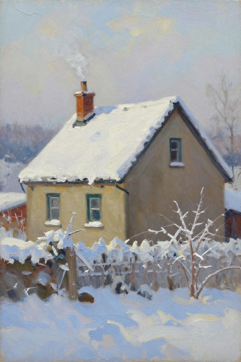 Oil painting of yellow house with snow-covered roof and smoking chimney in winter landscape