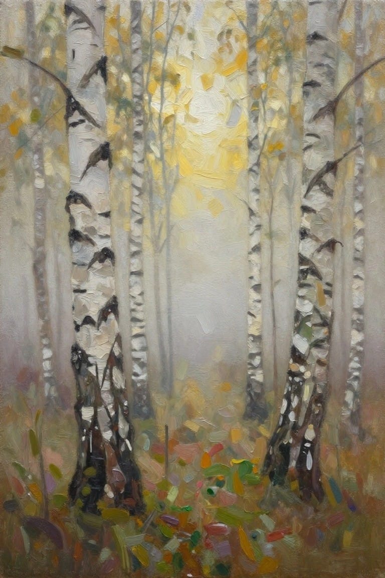 Misty birch forest with white trunks, yellow leaves, and colorful ground foliage