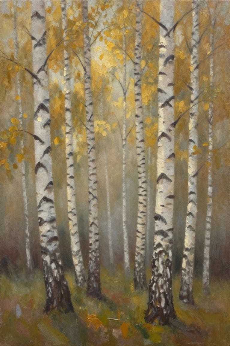 Tall birch trees with white bark and yellow leaves in an autumn forest.