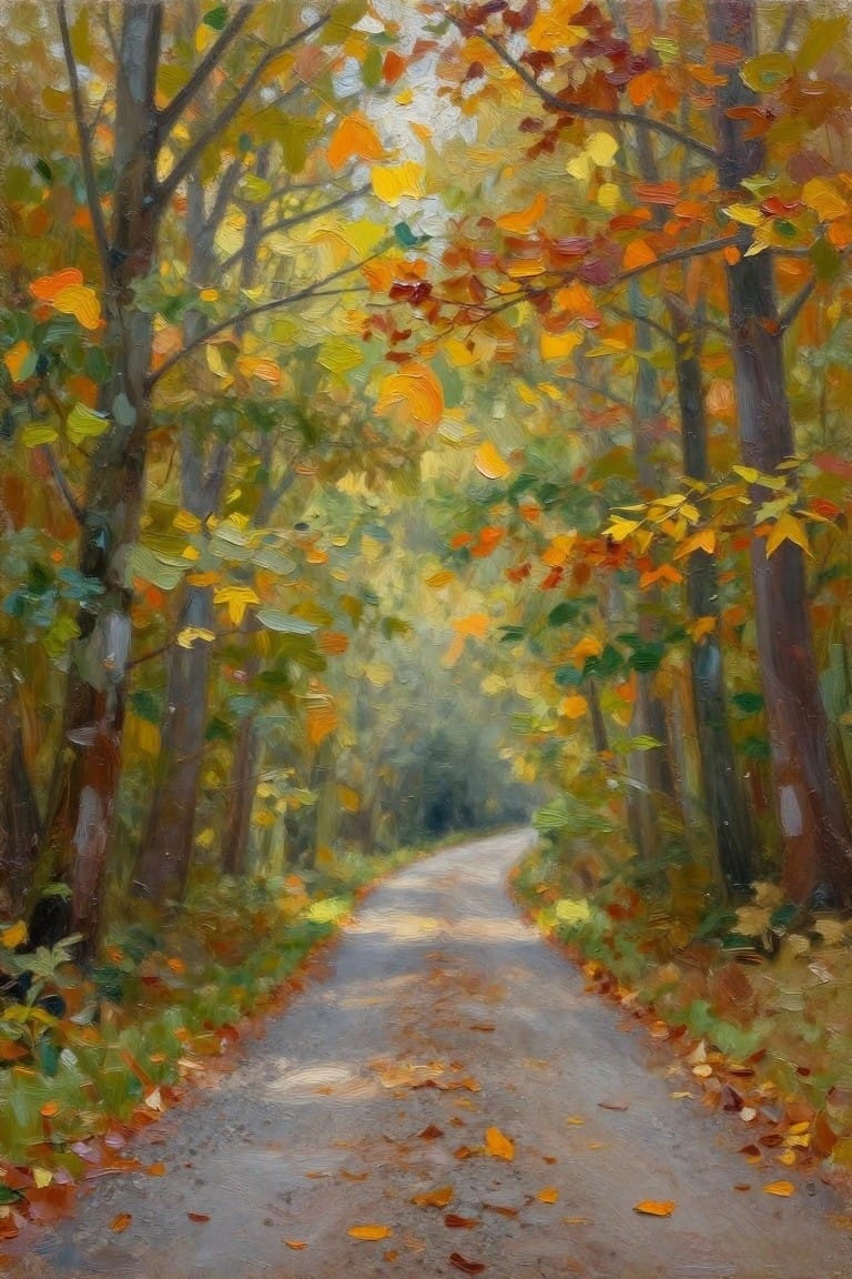 Winding path through autumn forest with vibrant orange and yellow leaves