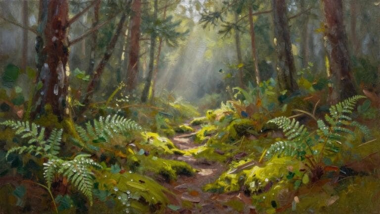 Lush ferns border a winding sunlit path through misty tall forest trees