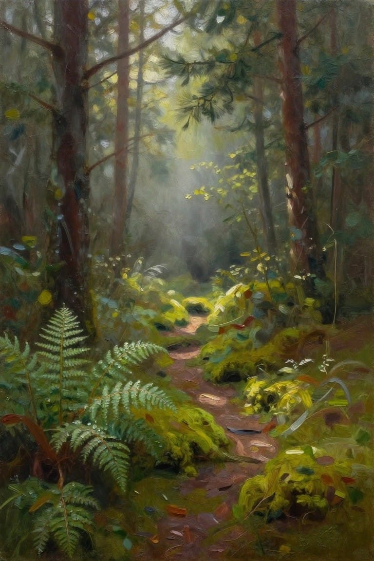 Lush ferns border a winding sunlit path through misty tall forest trees