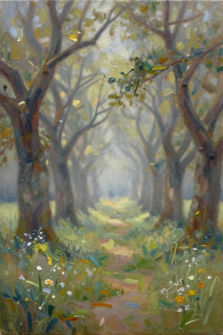 Misty forest path lined with trees and wildflowers in impressionistic oil painting style