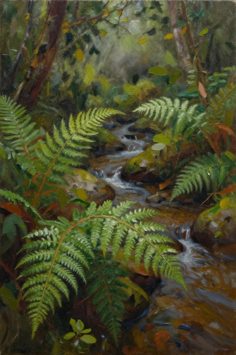 Lush green ferns frame a rocky forest stream with flowing water and autumn leaves.