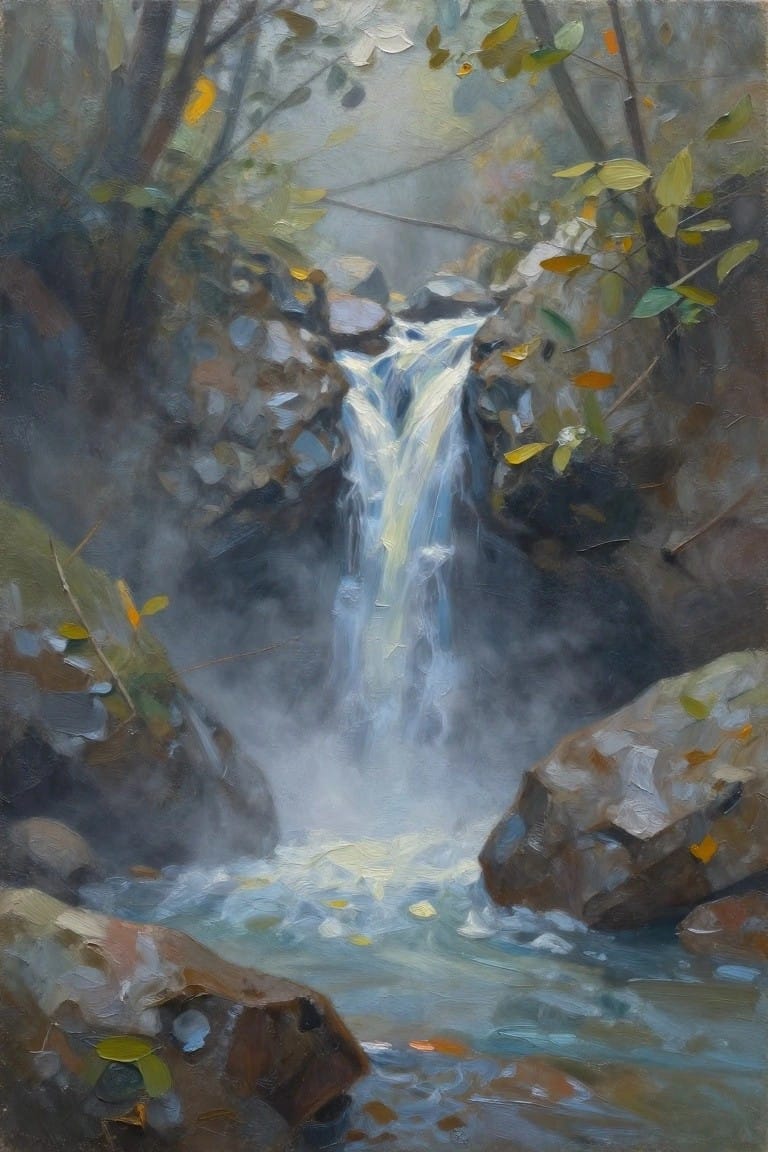 Misty waterfall cascading over rocks amid autumn leaves in a forest stream