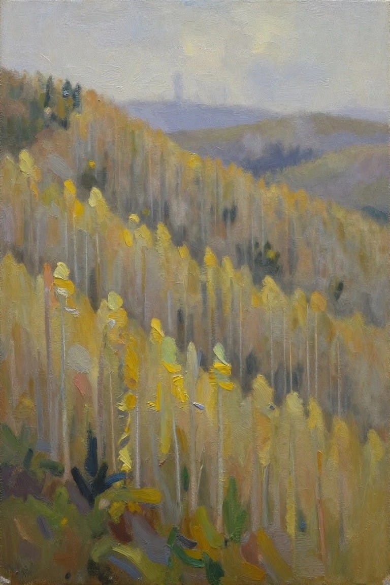 Impressionistic painting of yellow autumn trees on a misty hillside with distant mountains.