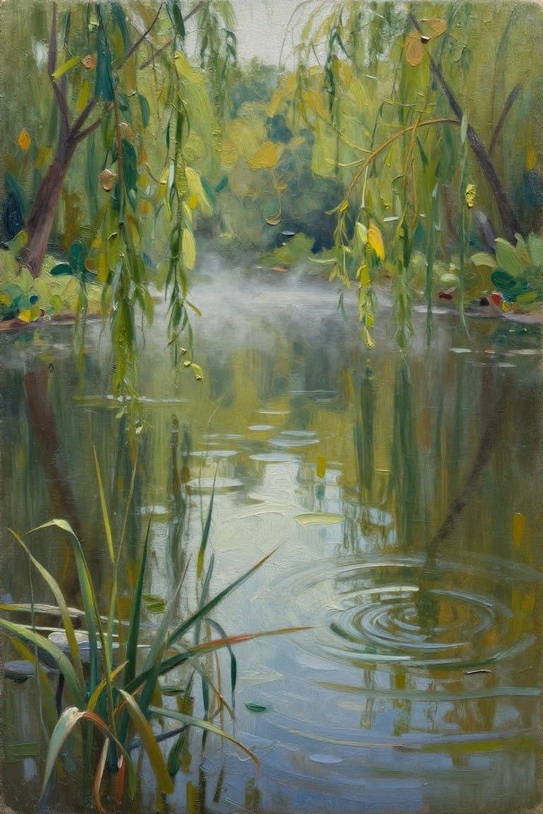 An oil painting of a misty pond in a forest with green and yellow hanging branches and ripples on the water surface.
