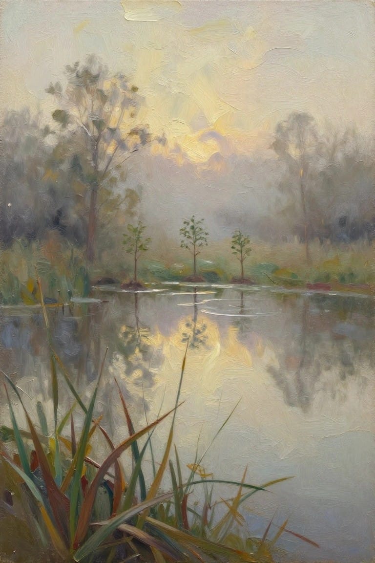Misty pond reflecting trees under glowing sky with tall foreground reeds in oil paint.