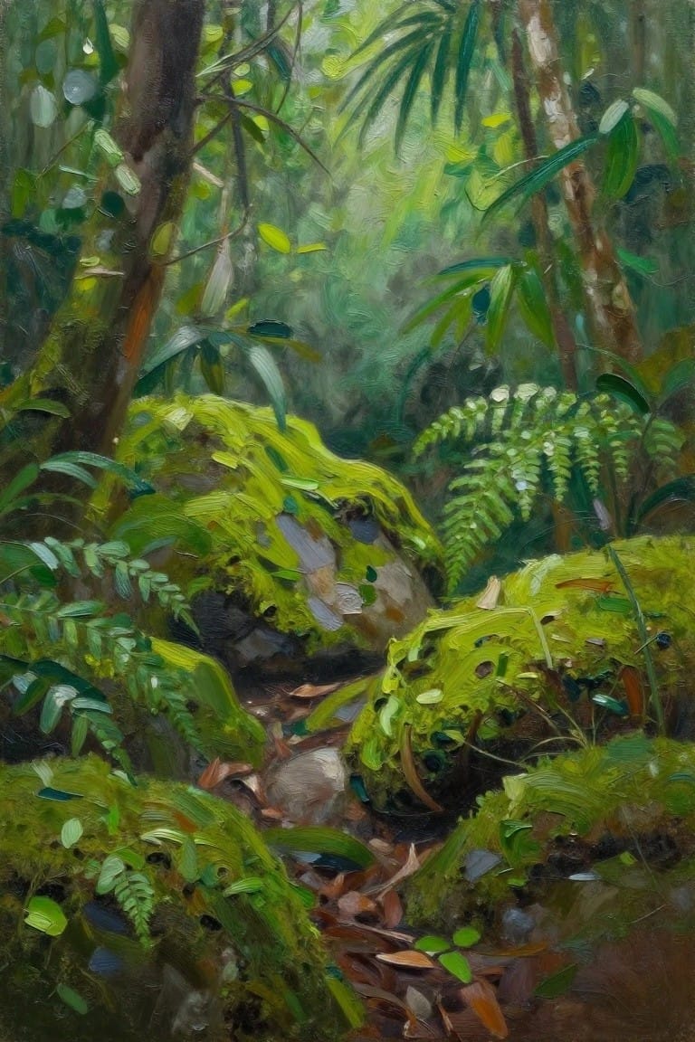 Lush forest with vibrant green moss-covered rocks, ferns, and trees in painterly style.