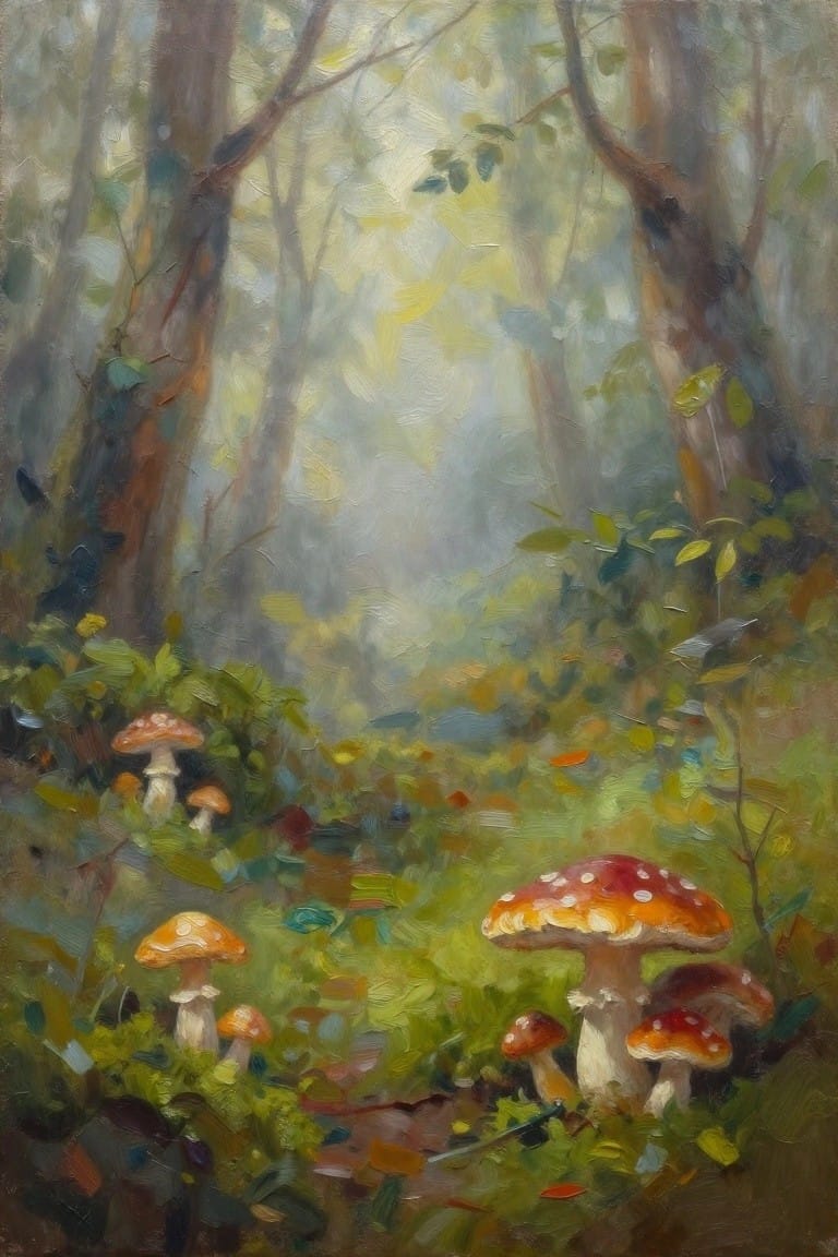 An oil painting of red and orange spotted mushrooms growing among green foliage on a forest floor with tall trees and hazy light in the background.
