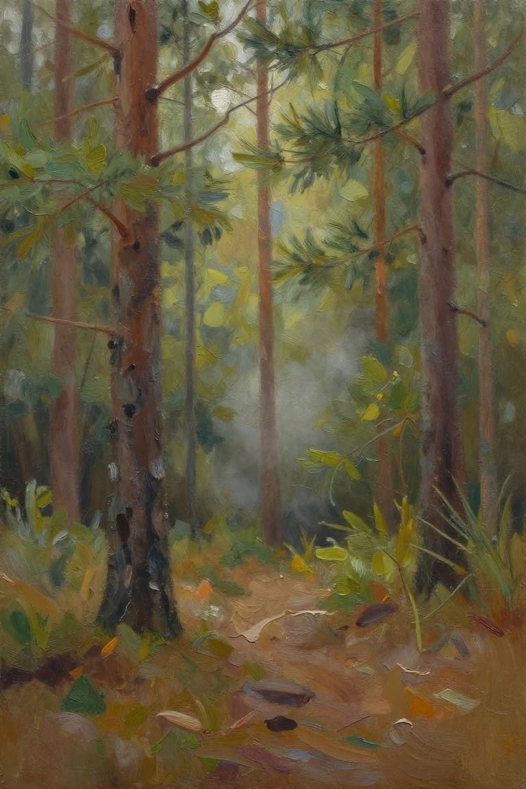 Impressionistic painting of misty path winding through tall pine trees with green foliage