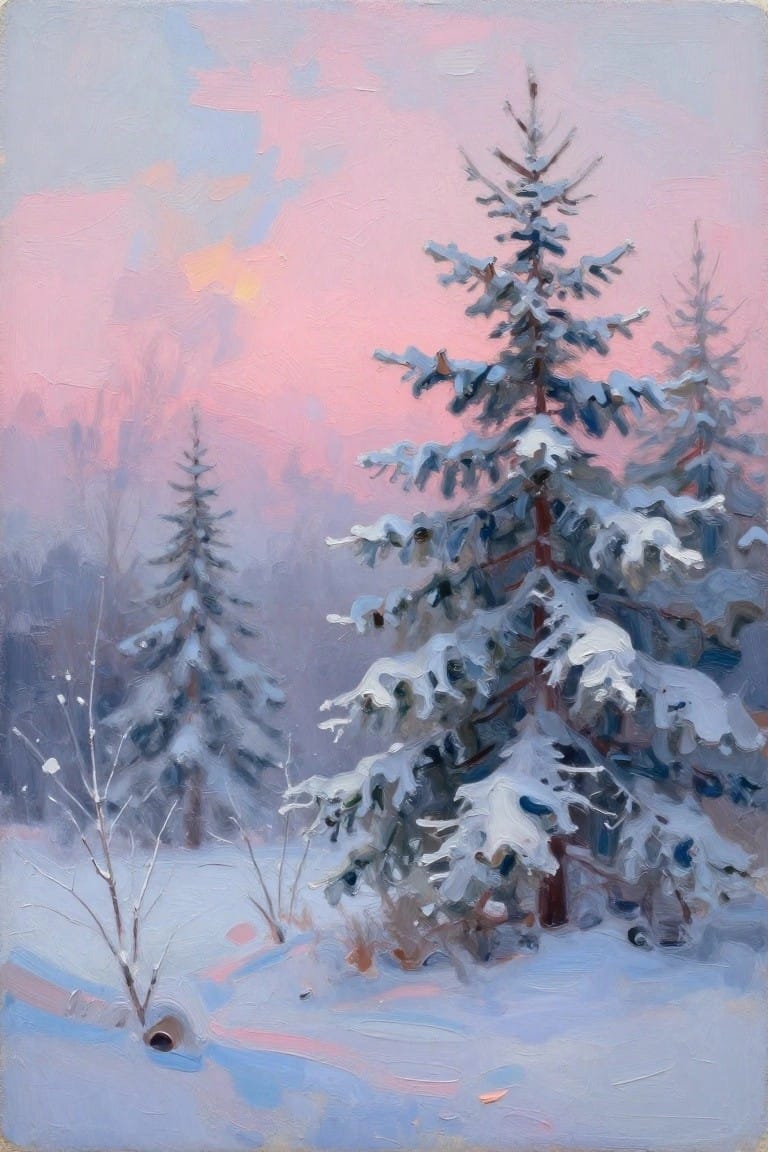 An oil painting of snow-covered evergreen trees in a forest under a pink and blue sky.