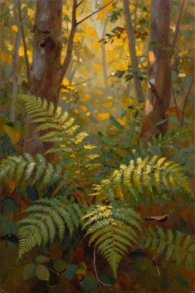 Sunlit autumn forest with tall trees and lush green ferns in golden light