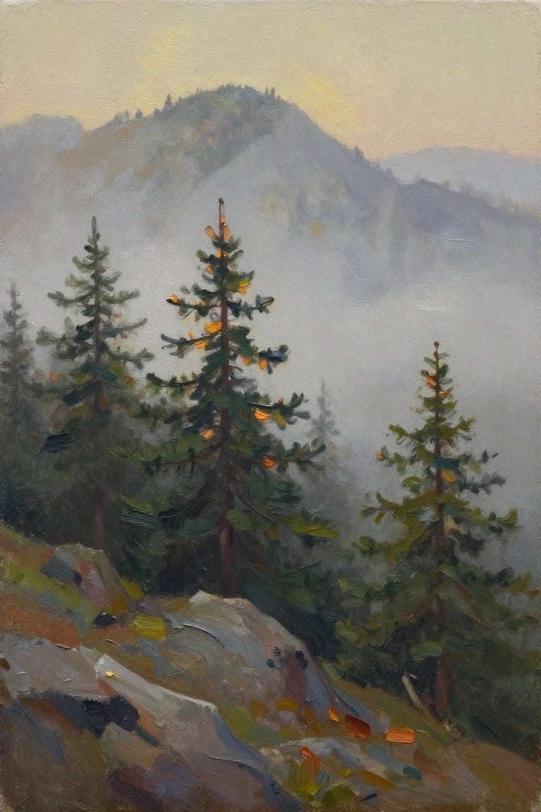 An oil painting of several tall pine trees on a rocky slope with layers of mist covering the mountains behind them and soft light in the sky.
