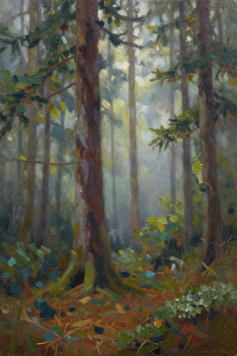 Sunlight filters through tall trees in misty forest with colorful foliage