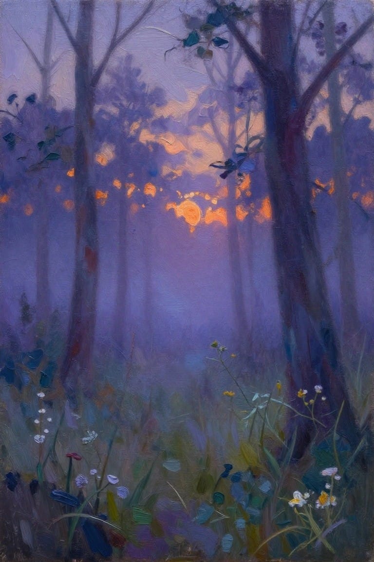 Misty twilight forest with tall trees, glowing orange orbs, and foreground wildflowers