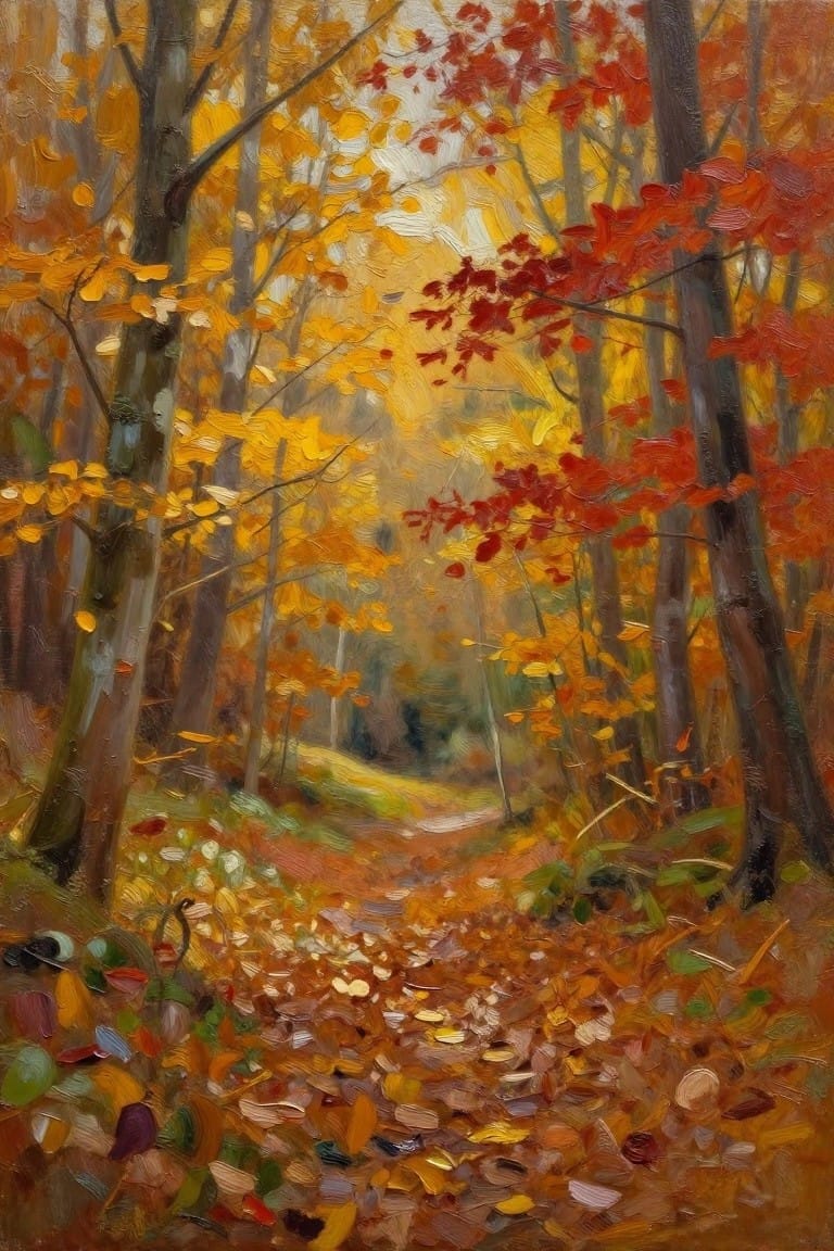 An oil painting of a leaf-strewn path winding through tall trees with yellow and red autumn leaves and a misty background.