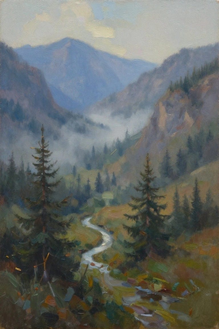 Mountain landscape painting with winding river, pine trees, and foggy peaks
