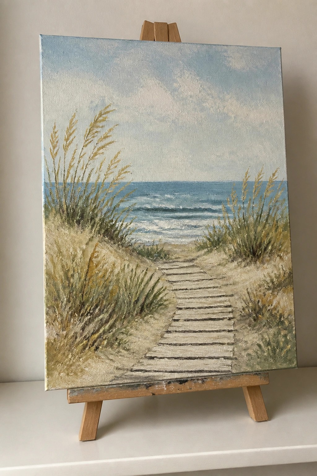 Painting on easel shows boardwalk through grassy dunes to blue ocean waves.