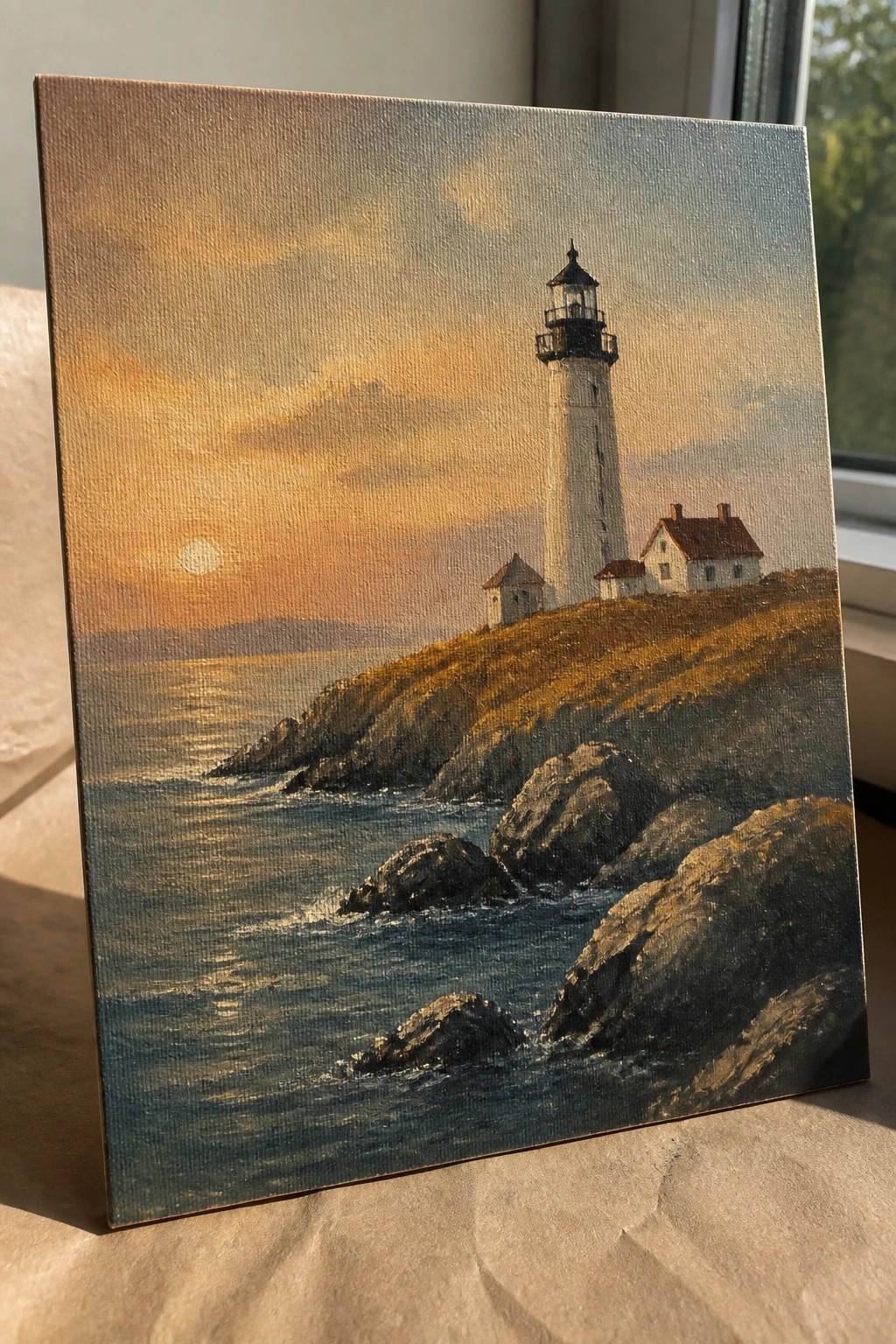 Realistic painting of white lighthouse on rocky ocean cliffs at golden sunset