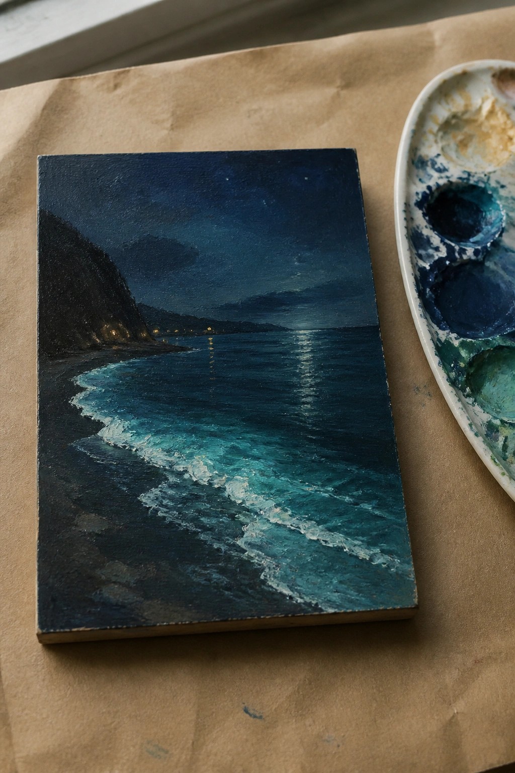Small oil painting of dark blue night ocean with white-capped waves, distant shoreline lights, moon reflection on water, and paint palette on brown paper.