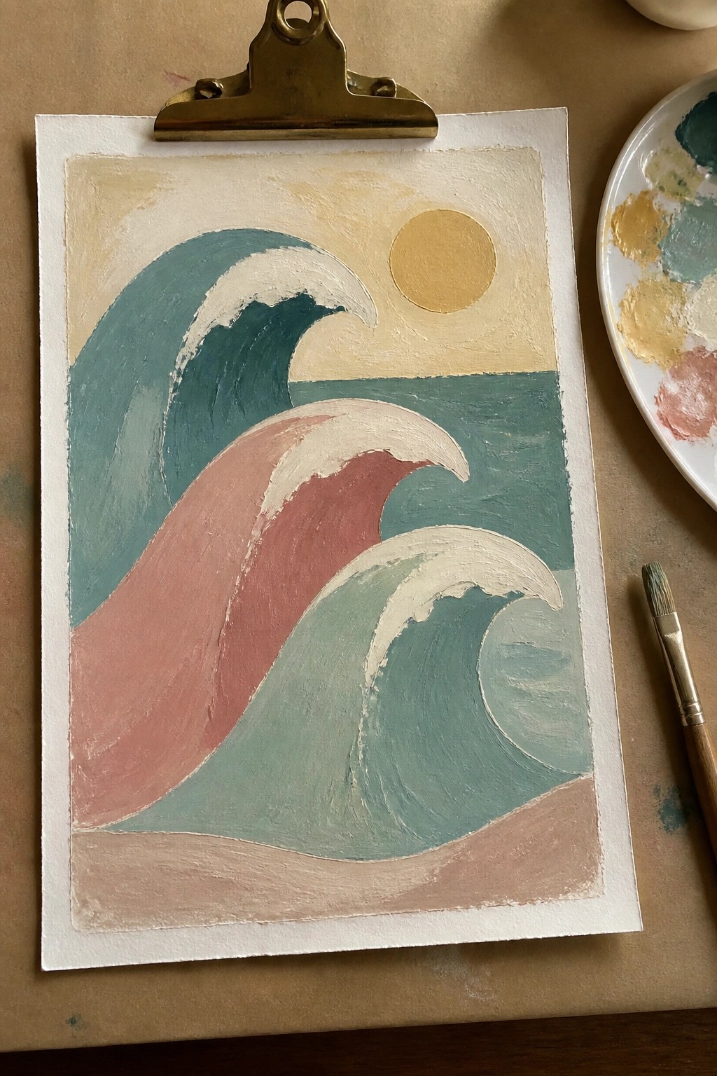 Abstract wave painting in teal, pink, and beige on clipboard with palette and brush.