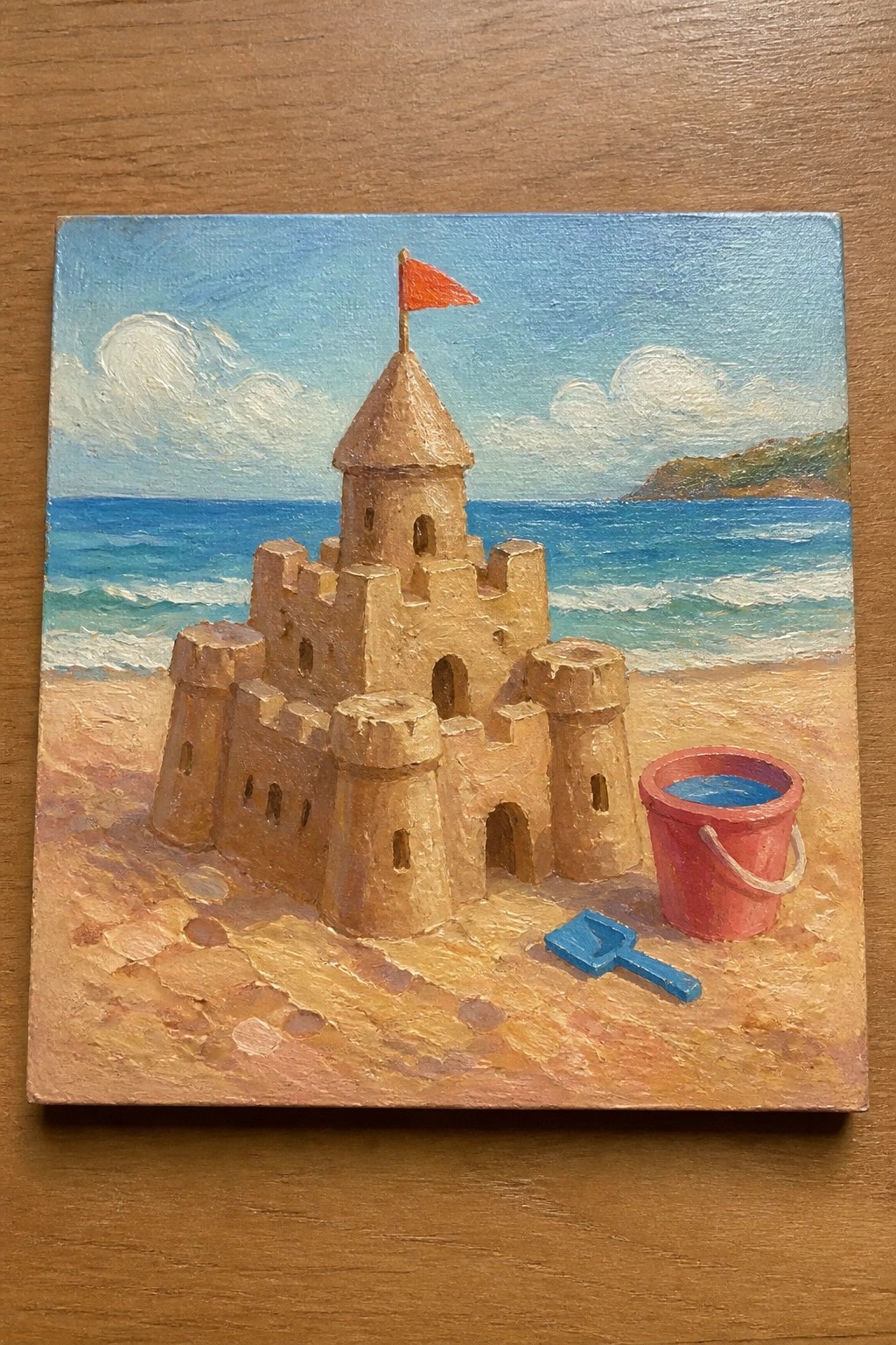 Realistic painting of sandcastle with red flag, red bucket and blue shovel on sunny beach.