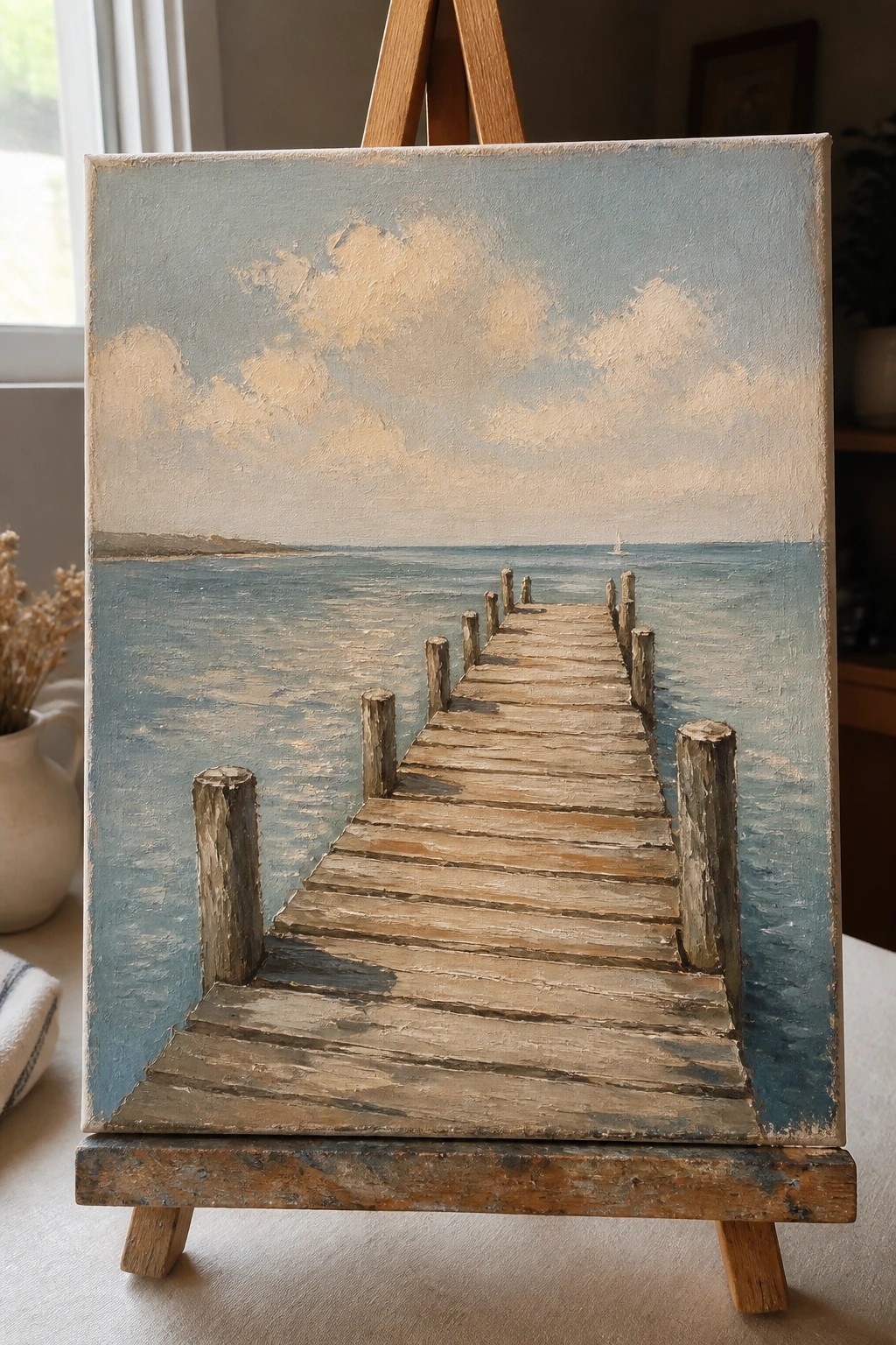 Oil painting on easel shows wooden pier extending into calm blue sea under cloudy sky.