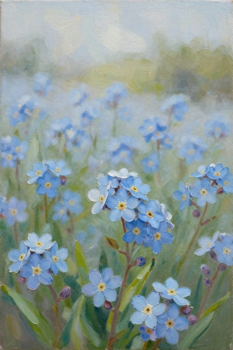 Impressionistic painting of blue forget-me-not flowers with yellow centers in a green meadow
