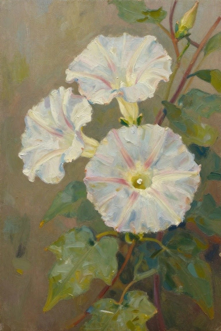 White morning glories with pink stripes amid green leaves and stems in oil painting