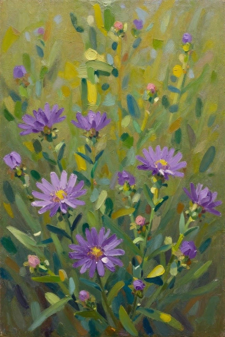 Purple asters with yellow centers bloom amid green foliage in an impressionist painting.