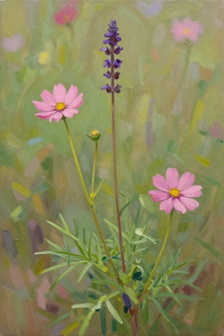 Pink cosmos flowers and a tall purple spike bloom amid green foliage.