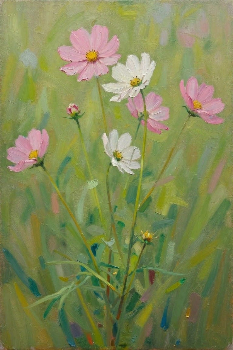 Pink and white cosmos flowers on green stems in an impressionistic meadow.