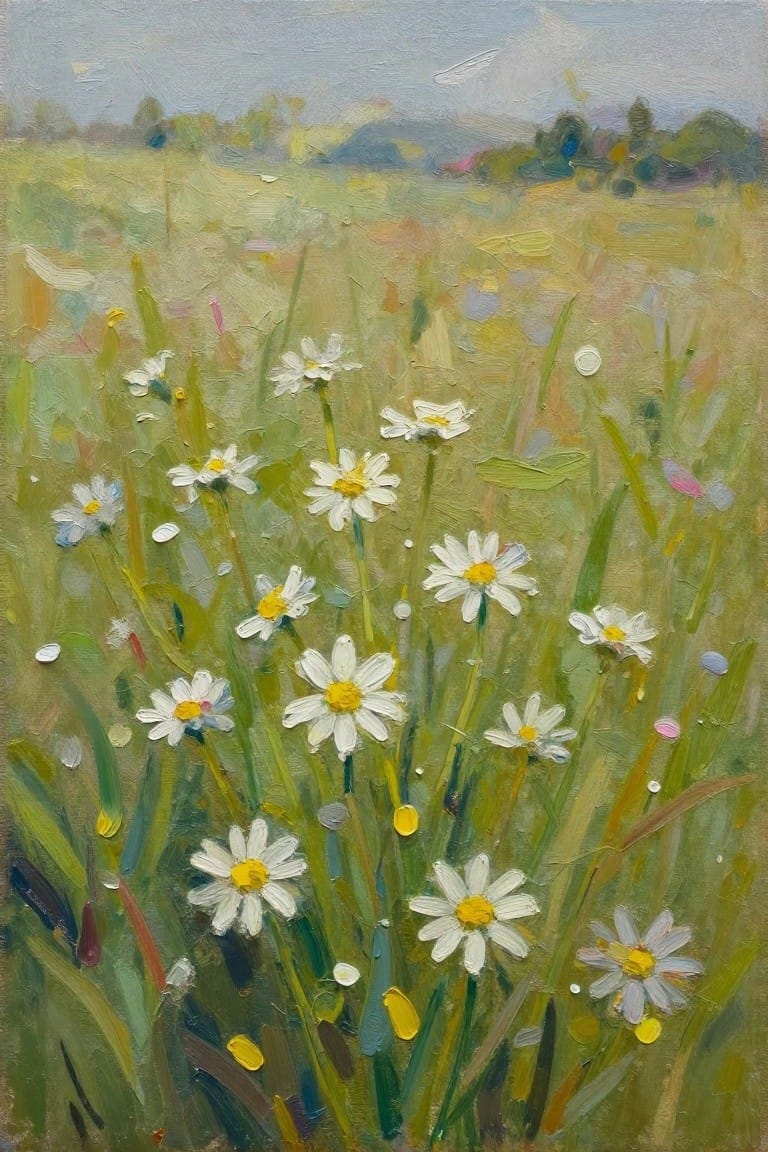Impressionistic oil painting of white daisies blooming in a lush green meadow