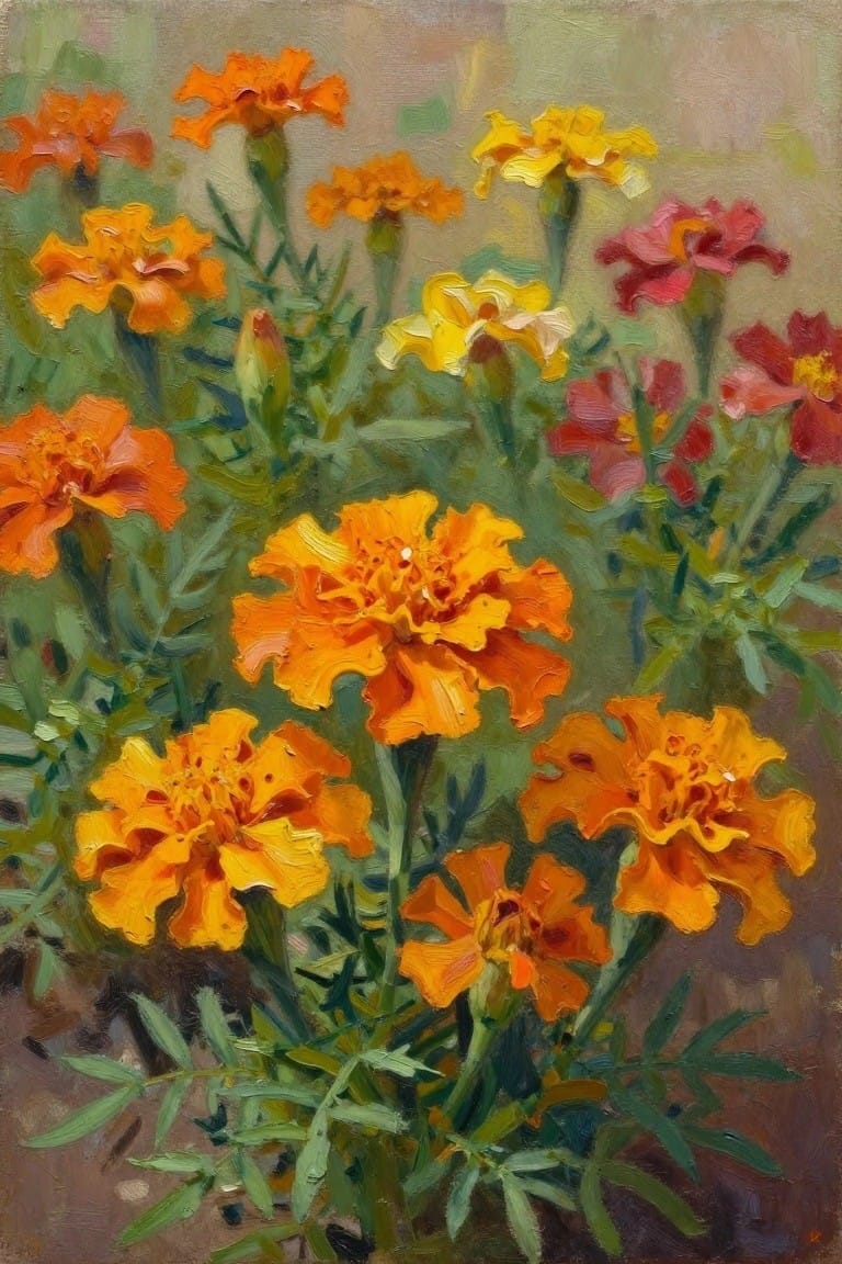 Vivid orange and yellow marigolds with red accents amid lush green leaves in oil painting.