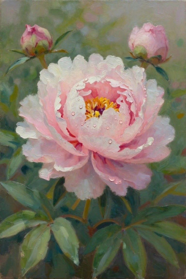 Large pink peony with dew drops, yellow center, buds, and green leaves in oil painting.