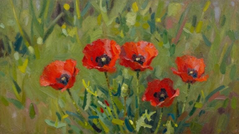 20 Easy Garden Oil Painting Ideas for Beginners Practicing Floral Landscapes An oil painting of several red poppies with green stems set against a soft green meadow background.