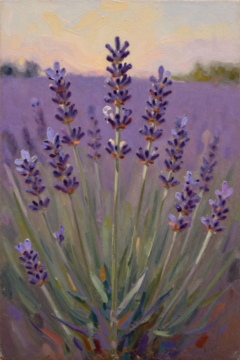 An oil painting of multiple lavender stalks with purple flowers against a blurred purple field and pale sky.