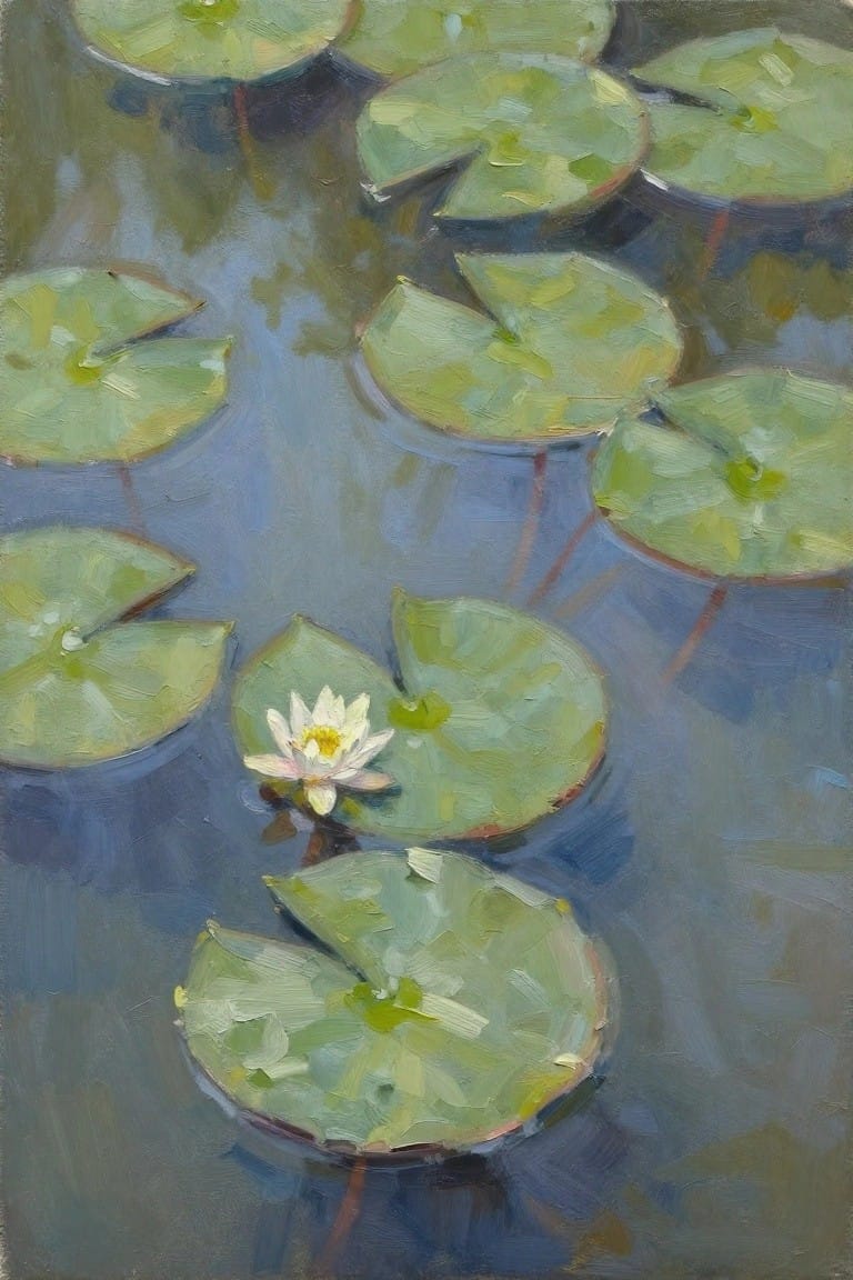 Impressionistic painting of green lily pads with white bloom on blue water