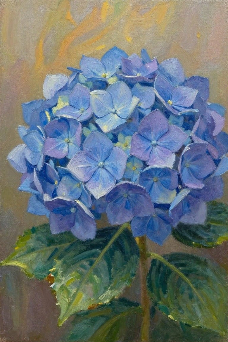 Blue and purple hydrangea blooms with green leaves on a brown background