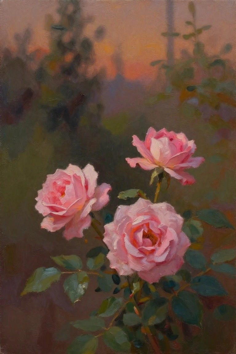 Three pink roses with green leaves against a soft sunset background
