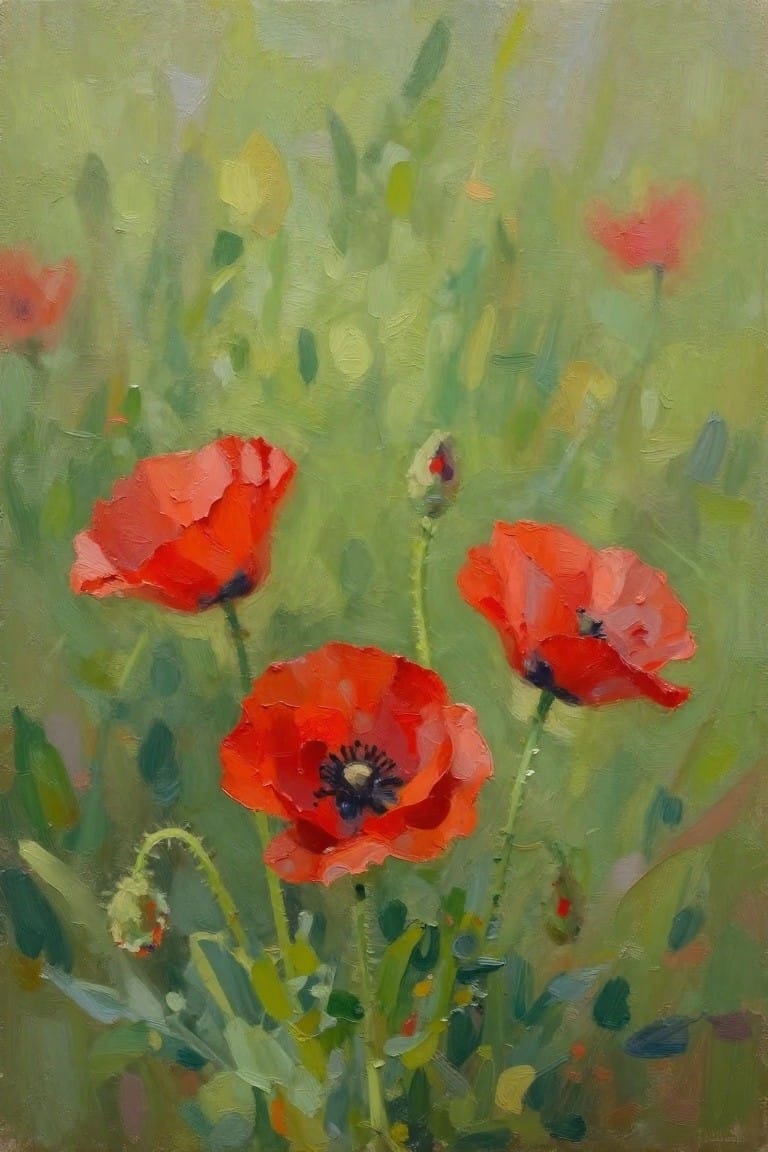 An oil painting of several red poppies with green stems set against a soft green meadow background.